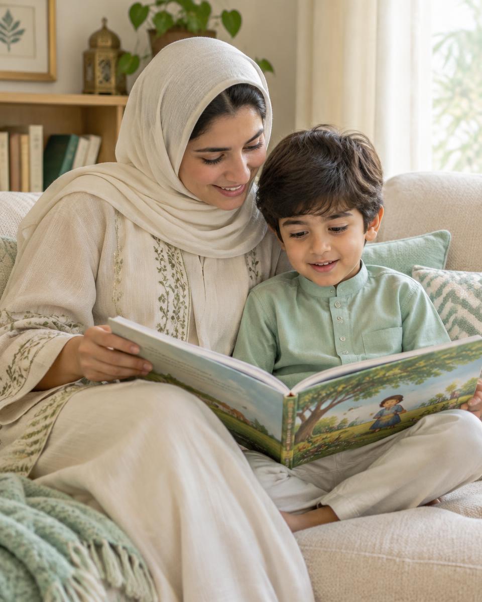 Mother reading with her son