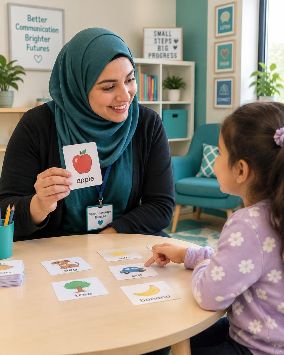 Speech therapist working with a girl using picture cards